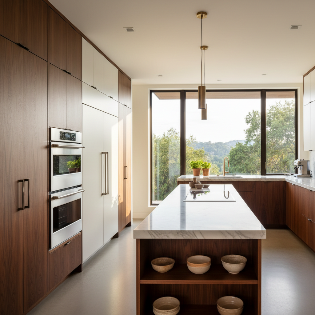Upscale kitchen with integrated refrigerator and wall oven