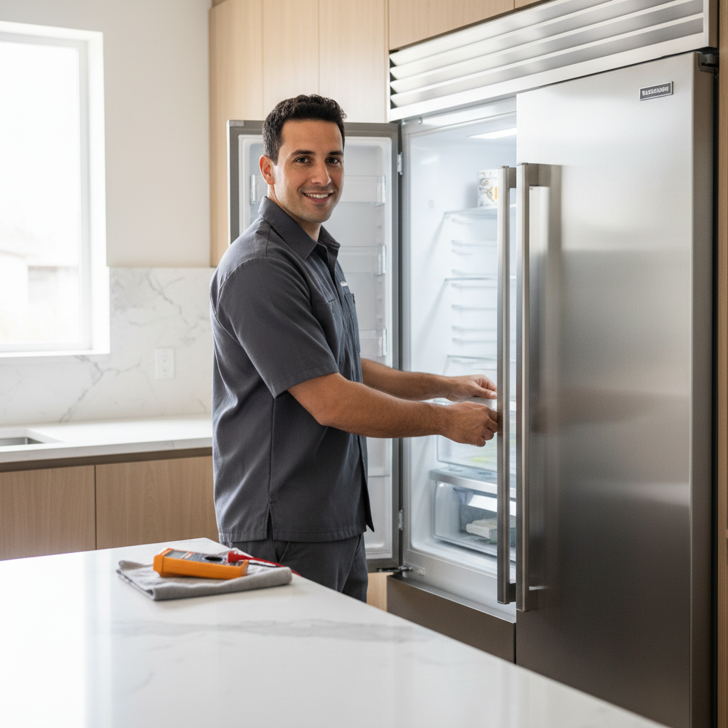 Professional technician repairing a built-in refrigerator